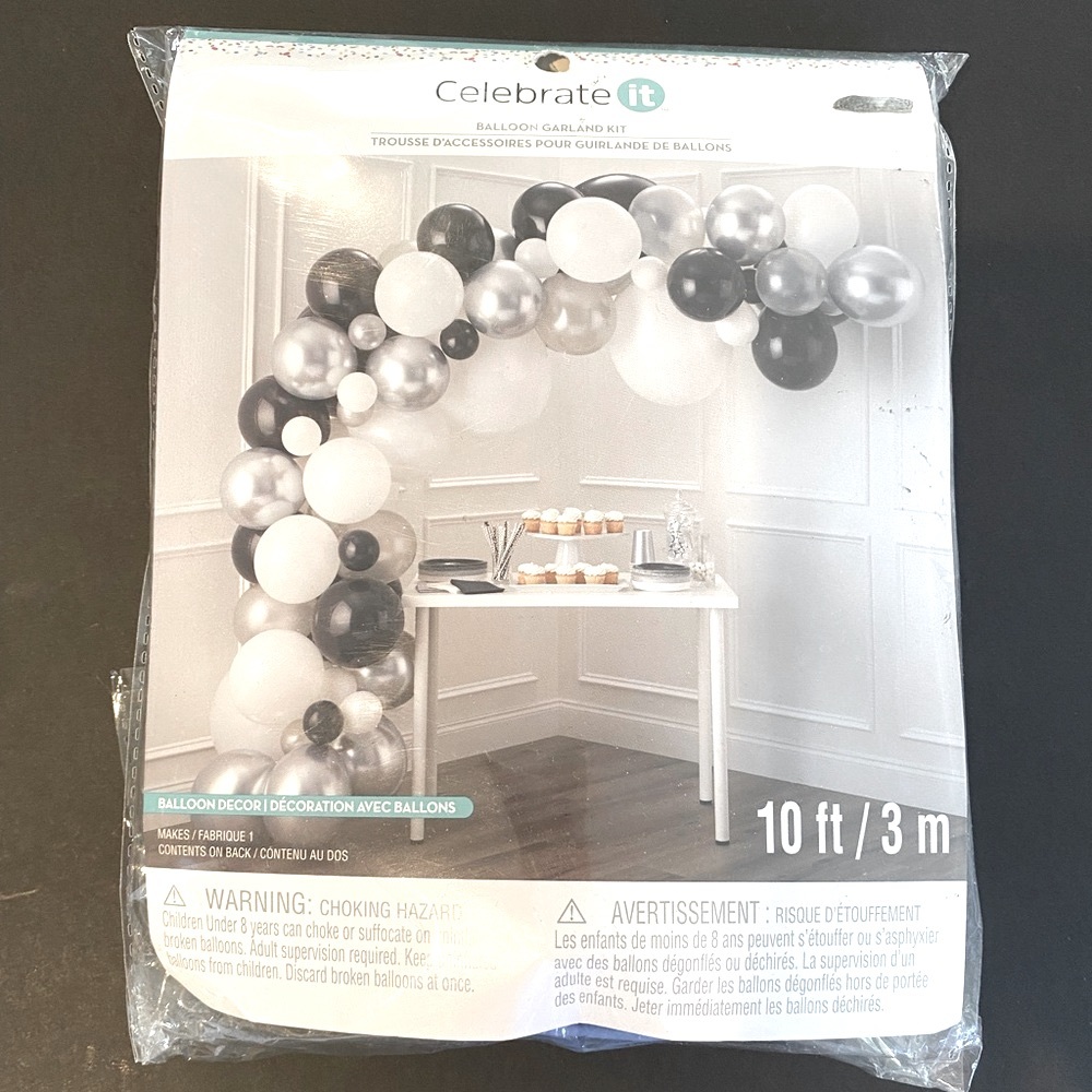 Celebrate It Balloon Arch Garland Kit Silver Black White NWT